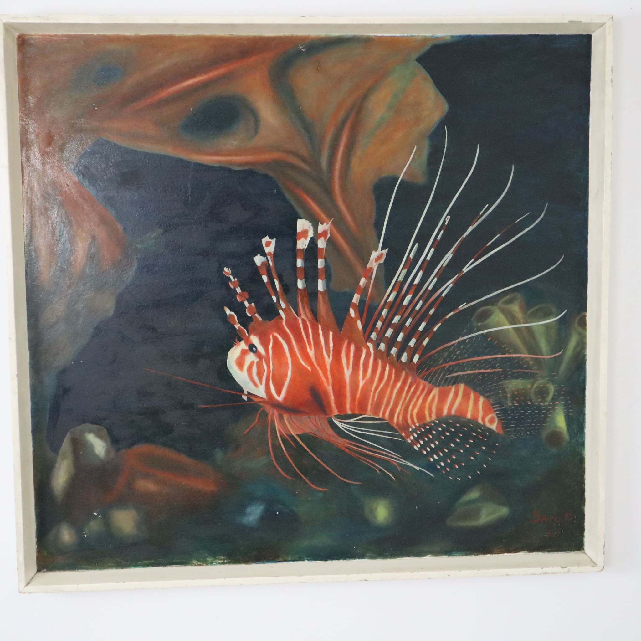 visionidepoca-modern-art-picture-depicting-fish-oil-on-masonite-70s-by-saro-p-made-in-italy