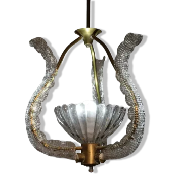 visionidepoca-modernariato-lampadario-barovier-anni-40-art-deco-vintage-3-bracci-in-vetro-di-murano-e-ottone-vista-completa-acceso