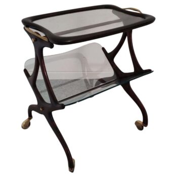 Carrello Bar Italiano in Legno e Ottone con Portariviste, Attribuito a Cesare Lacca, Anni '50 - immagine 1