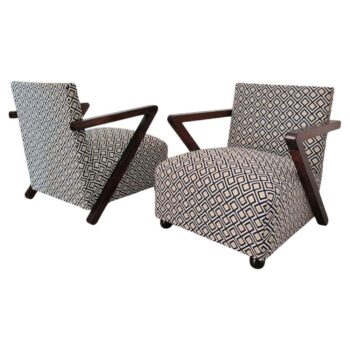 Coppia di poltrone Art Déco italiane in noce e tessuto geometrico, anni '30 - immagine 1