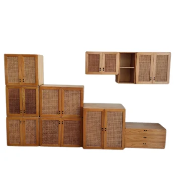 Modular bookcase in wood and rattan by Jan De Vries, 70s