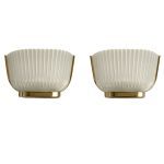 Pair of Murano glass wall lamps with brass frames, designed by Archimede Seguso in the 1940s. White background.
