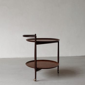 1960s Italian wooden bar trolley, side view, Mid-Century Modern design.