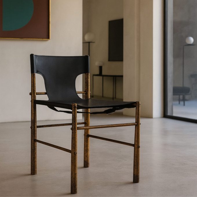 Sedia italiana vintage in ottone e pelle nera, stile Mid-Century Modern, Italia anni ’70.