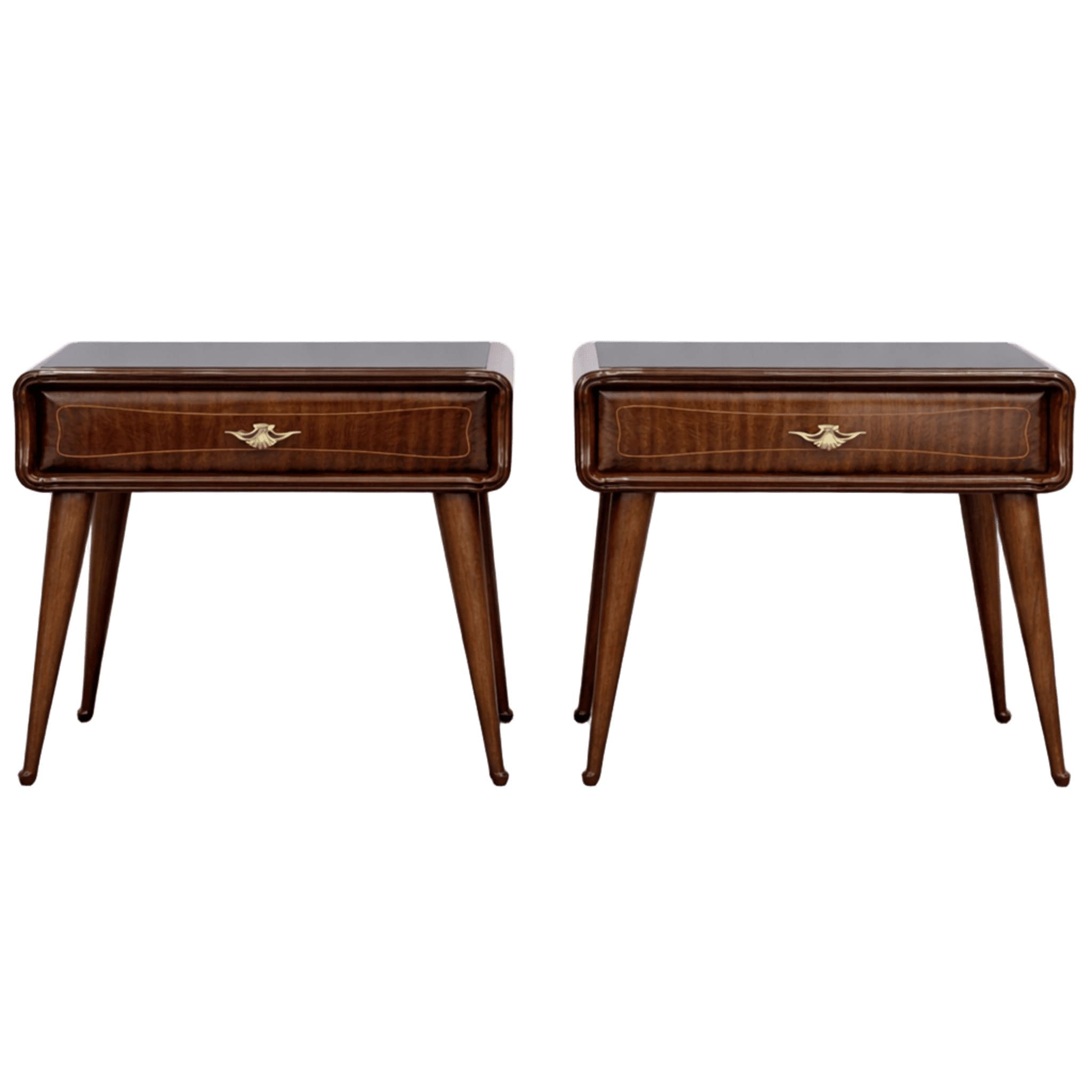 Coppia comodini anni ’60 in ciliegio con vetro nero e ottone Mid-Century Modern