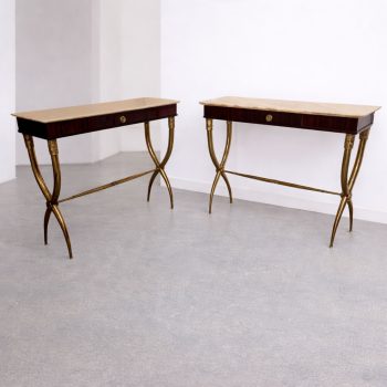 Pair of consoles by Paolo Buffa in wood, brass and Carrara marble, restored - Image 2