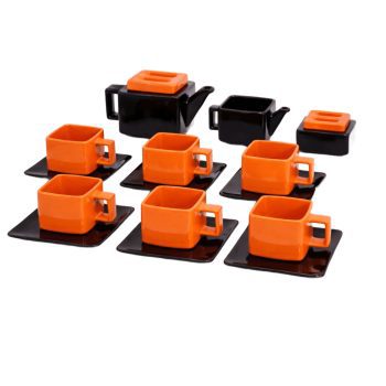 1970s Ettore Sottsass-style red and black glazed ceramic tea set, 9 pieces - Image 1