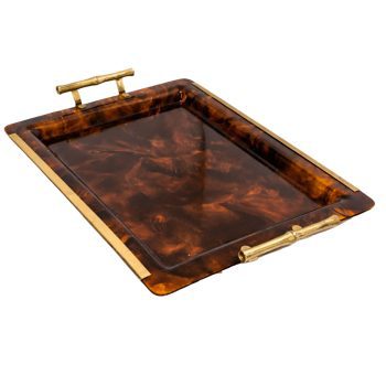 Vassoio bachelite effetto tartaruga e ottone bamboo stile Gucci, Italia, anni 70