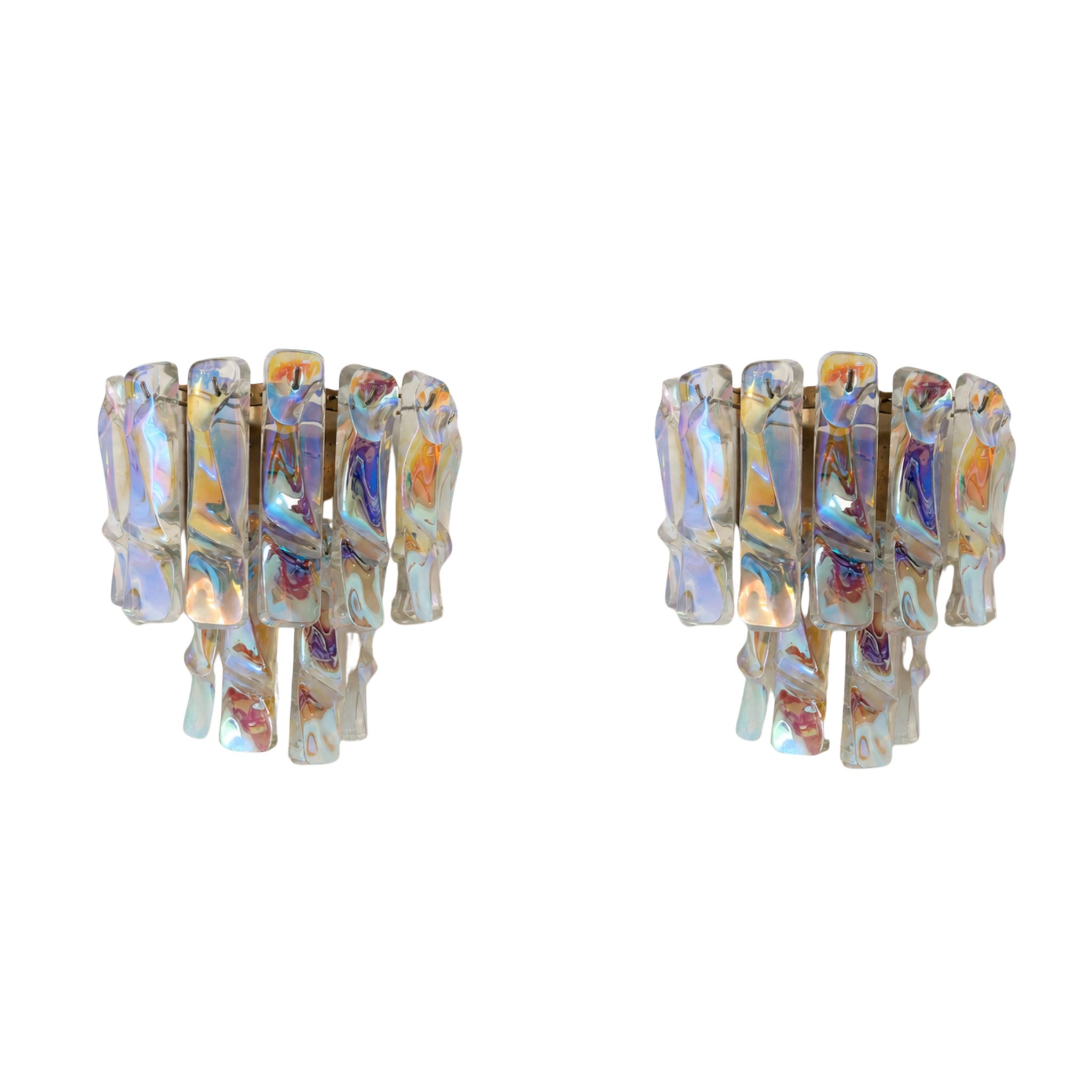 Coppia di appliques anni ’70 in vetro di Murano iridescente attribuite a Vistosi