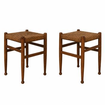 Coppia di sgabelliin legno e corda stile Charlotte Perriand, anni ’60