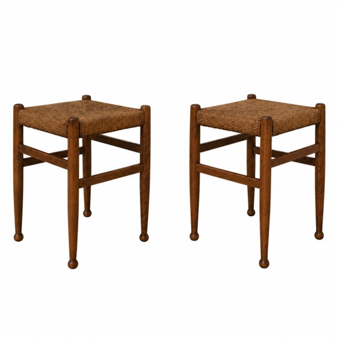 visionidepoca-pair-charlotte-perriand-style-chestnut-wood-woven-rope-stools-angled-view-italy-1960s-white-bg