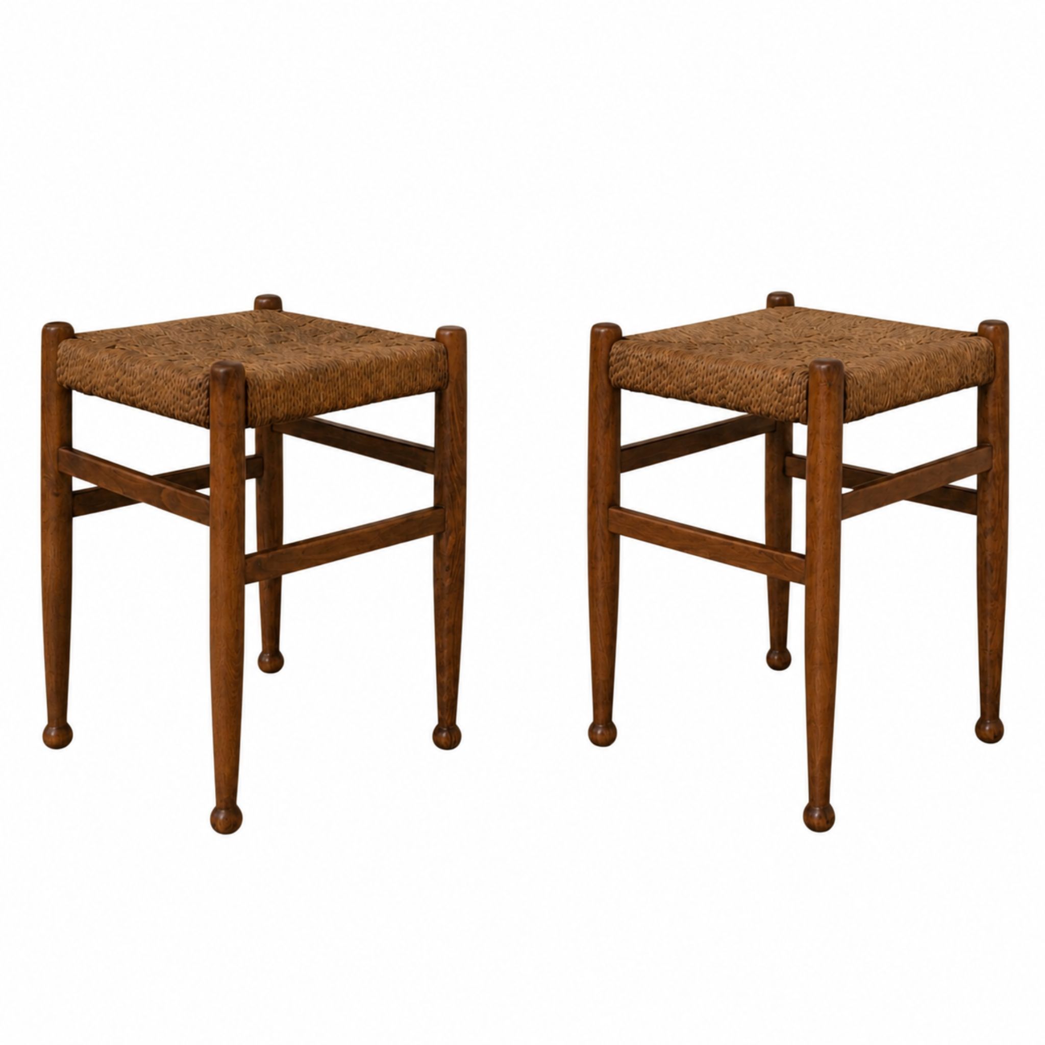 Coppia di sgabelliin legno e corda stile Charlotte Perriand, anni ’60