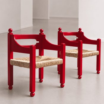Coppia di poltrone anni ’60 in legno rosso e paglia attribuite a Luigi Caccia Dominioni - immagine 8