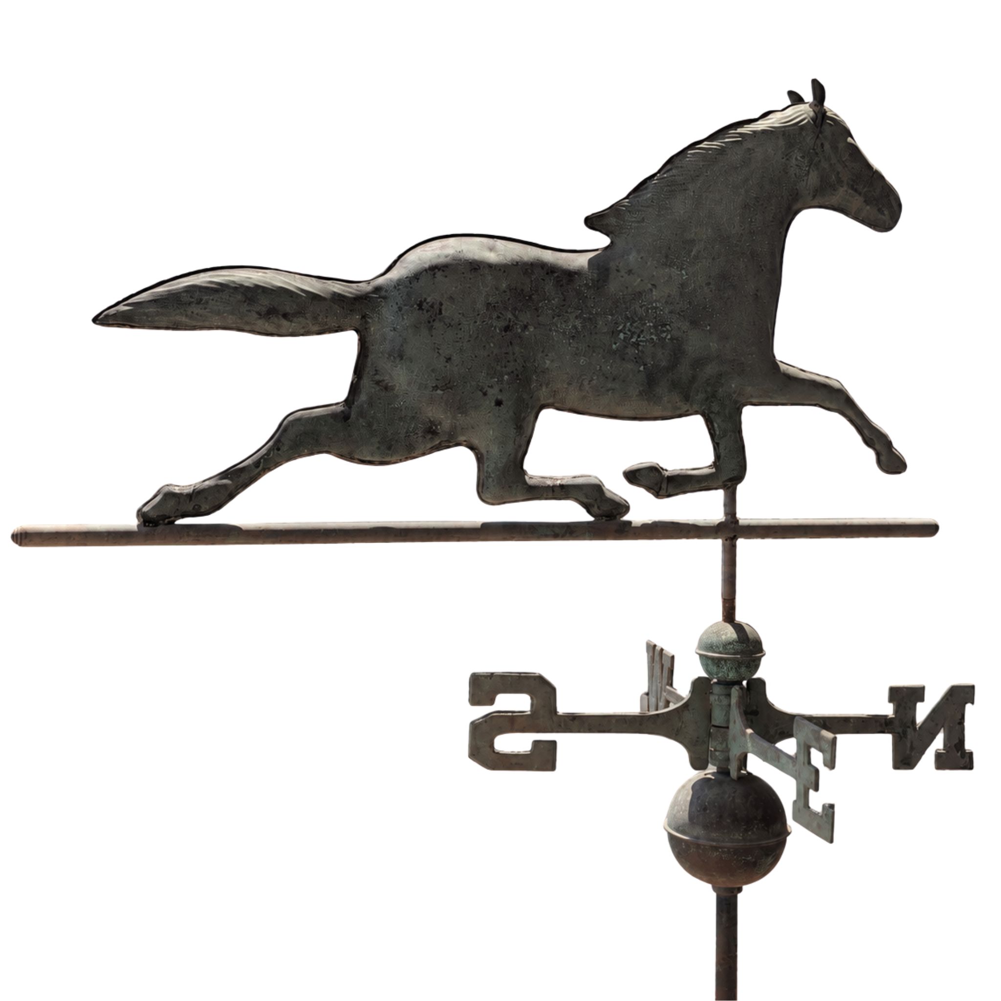 Segnavento primi ’900 in rame tridimensionale con cavallo in corsa