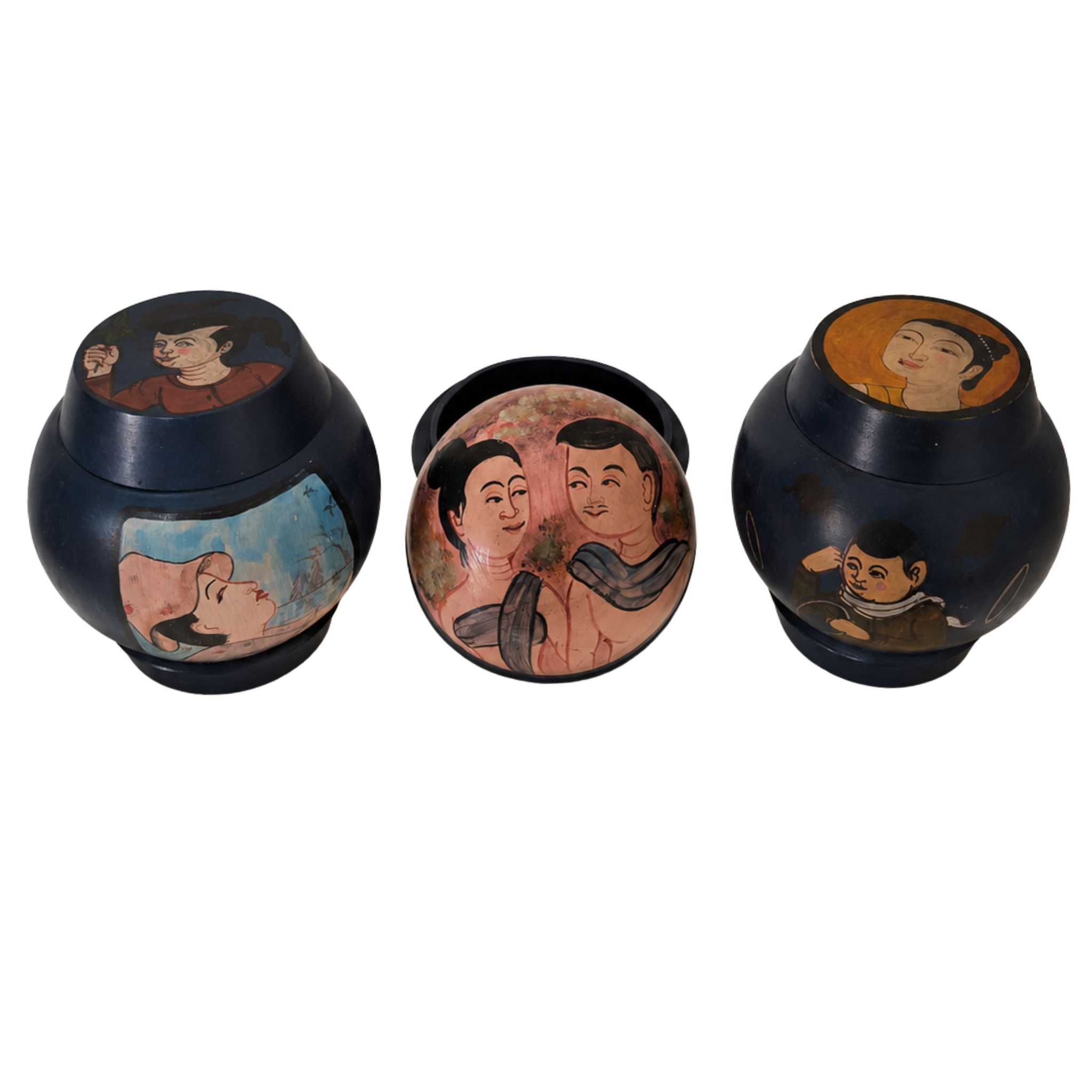 Scatole decorative cinesi folk art in legno dipinto a mano, Shanghai anni ’50