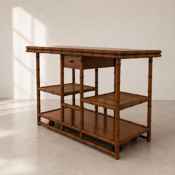 Servante italiana anni ’70 in legno effetto bambù con allunghe e paglia di Vienna - immagine 3