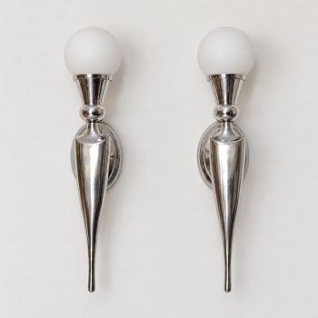 Pair of French Art Deco wall sconces in nickel-plated aluminum and glass. - Image 5