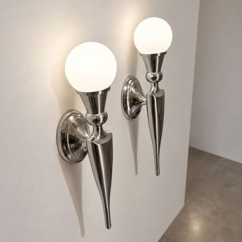 Pair of French Art Deco wall sconces in nickel-plated aluminum and glass. - Image 3