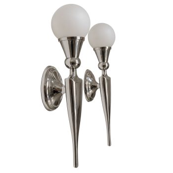Pair of French Art Deco wall sconces in nickel-plated aluminum and glass. - Image 1