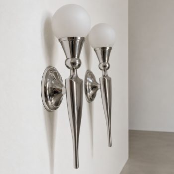 Pair of French Art Deco wall sconces in nickel-plated aluminum and glass. - Image 2