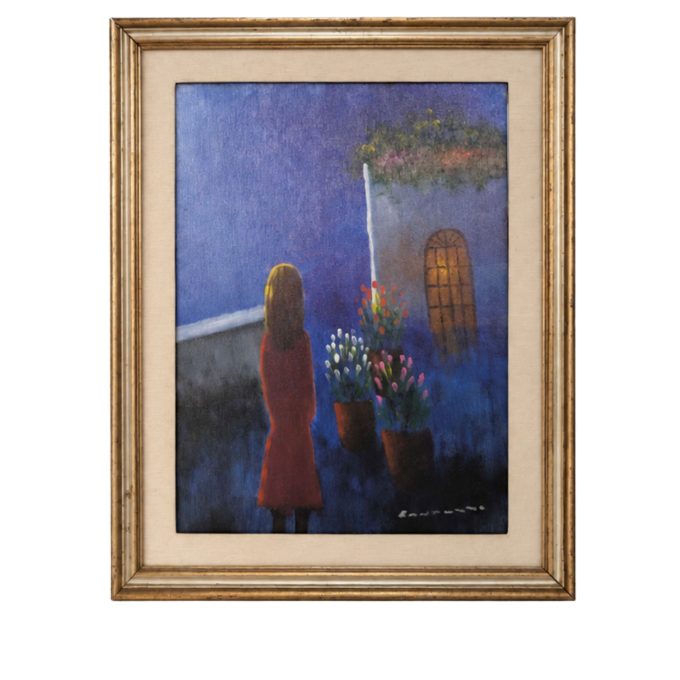 visionidepoca-quadro-olio-su-tela-eliano-fantuzzi-ambientazione-notturna-con-figura-femminile-e-fiori-vista-frontale-italia-anni-70