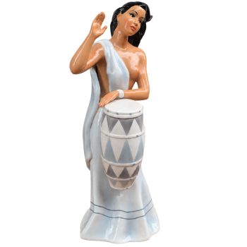 Rara scultura ceramica smaltata donna con tamburo by Ronzan, anni ’50