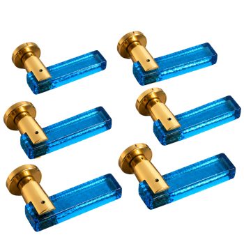 Set di Sei Maniglie da Porta in Vetro di Murano Blu e Ottone, Anni ’70