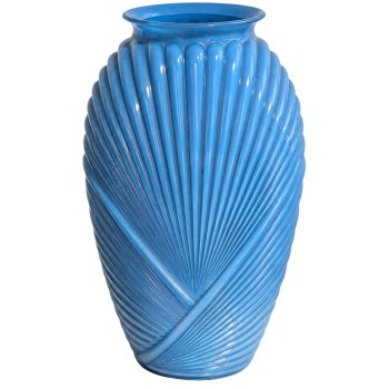 20th Century Art Deco Style Turquoise Blue Ribbed Glass Vase, France - Image 1