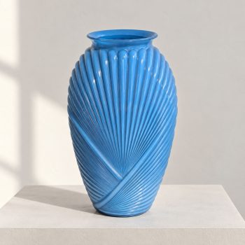 20th Century Art Deco Style Turquoise Blue Ribbed Glass Vase, France - Image 2